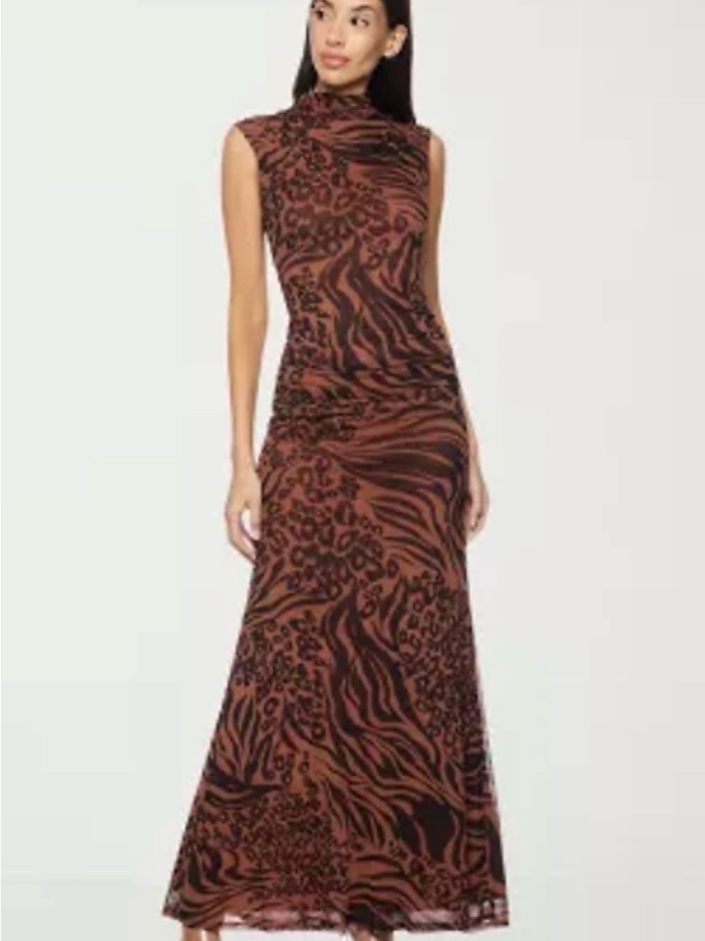 Sleeveless Brown and Black Animal-Print Maxi Dress